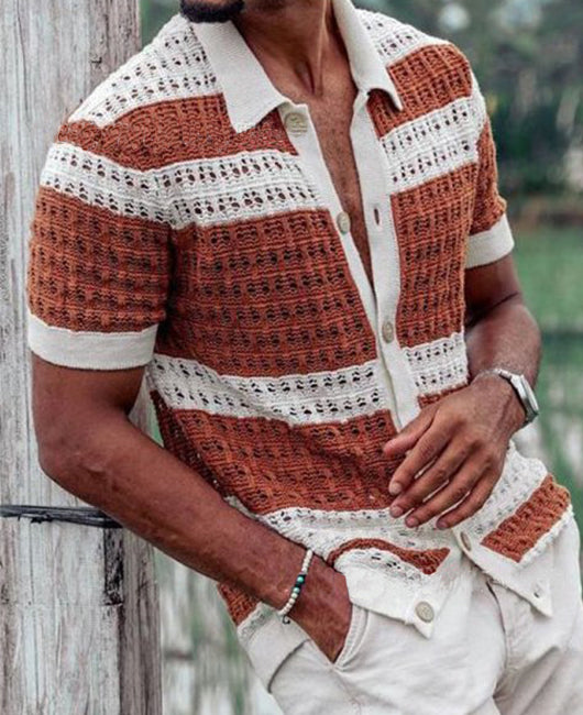 Casual Color Block Spliced Lapel Collar Short Sleeve Hollow Shirt