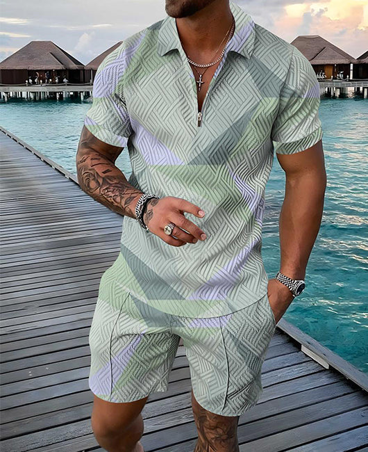 Vacation Casual Geo Print Half Zipper Short Sleeve Shirt & Shorts 2Pcs Set