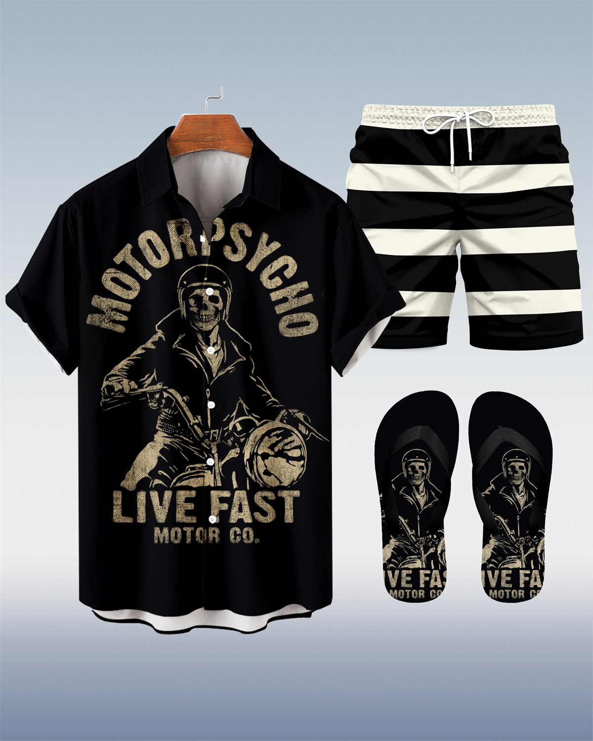 Men's Modified Motorcycle Print Shirt Three-Piece Set 065